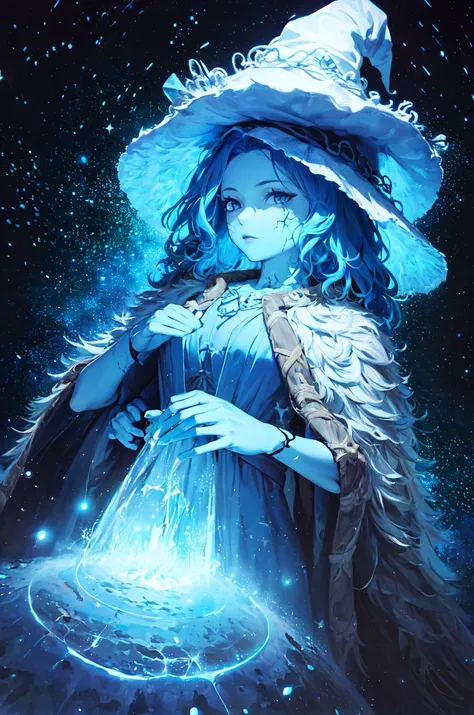 ((masterpiece, best quality:1.2)), (ultra-detailed:1.2), (Masterpiece, Top Quality, Best Quality, Official Art, Beautiful and Aesthetic: 1.2), Very Detailed, Fractal Art, Colorful, Most Detailed, 1girl,solo,hat, dress,wavy hair, own hands together, cloak, witch,universe,Star Sea,meteor,fantasy,dramatic,glow,Particle effect,
<lora:Ranni_the_Witch-07:0.8>,(cracked skin, blue skin, colored skin, 4 arms, extra arms:1.3), Ranni,(((angle of elevation))),looking at viewer, (wide-angle lens),