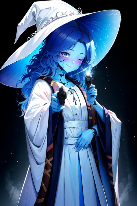 Highly detailed, High Quality, Masterpiece, beautiful, aiming at viewer, holding pistol, handgun, <lora:Pos_AimingHandgunAtViewer:1>, (Ranni), cowboy shot, solo, long hair, looking at viewer, blush, smile, hat, dress, holding, closed mouth, one eye closed, wide sleeves, white dress, witch hat, white headwear, wavy hair, cloak, witch, joints, doll joints, fur cloak, (cracked skin, blue skin, colored skin, 4 arms, extra arms:1.3), <lora:Char_EldenRing_Ranni:0.9>