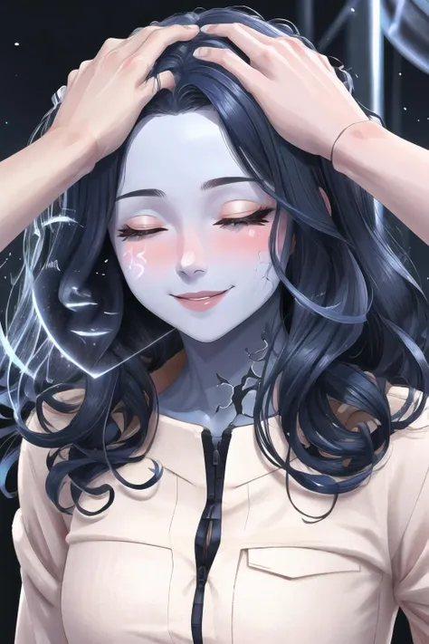 Highly detailed, High Quality, Masterpiece, beautiful, 1girl, solo, Ranni, wavy hair, blue skin, cracked skin, extra arms, extra faces, <lora:RanniV3:1>, smile, blush, closed eyes, HeadpatPOV, headpat, pov, <lora:Pos_HeadpatPOV:1>