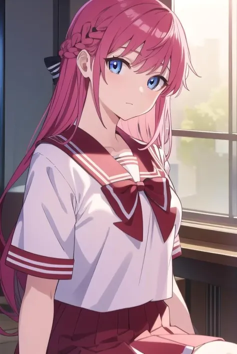 akinaorifushi, <lora:akinaorifushi-lora-nochekaiser:1>,
akina orifushi, long hair, pink hair, blue eyes, hair braid, braid, hair bow, bow,
BREAK skirt, school uniform, serafuku, red sailor collar, red skirt, white shirt, short sleeves,
BREAK looking at viewer,
BREAK indoors, classroom,
BREAK <lyco:GoodHands-beta2:1>, (masterpiece:1.2), best quality, high resolution, unity 8k wallpaper, (illustration:0.8), (beautiful detailed eyes:1.6), extremely detailed face, perfect lighting, extremely detailed CG, (perfect hands, perfect anatomy),