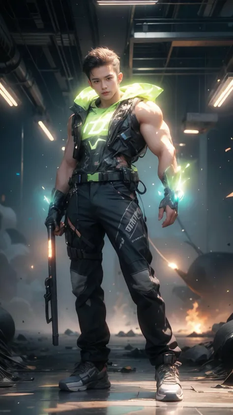 Realistic,masterpiece,best quality,cinematic lighting,natural shadow,highest detail,professional photography,detailed background,depth of field,insane details,intricate,aesthetic,detailed face,subsurface scattering,realistic hair,realistic eyes,Dutch Angle,
r1ge,muscular,photo of a handsome man,20yo,full body,Textured crop,open clothes,looking at viewer,
<lora:techwear:0.8>,techwear,
<lora:Neobro2:0.8>,
<lora:add_detail:0.5>,<lora:æ³å
:0.5>,
<lora:muscle_slider_v1:1>,
<lora:r1ge - AnimeRage:0.3>,<lora:Neonpunkai-8:0.8>,Neonpunkai,