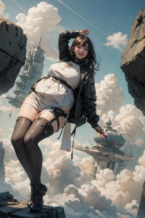 Giantess、Giantessが眠っている遠景、The end of the world、Big cities to be destroyed、ruined big city、storm、thunder、heavy rain、The fugitive々、A lot of people、Panicking crowd
