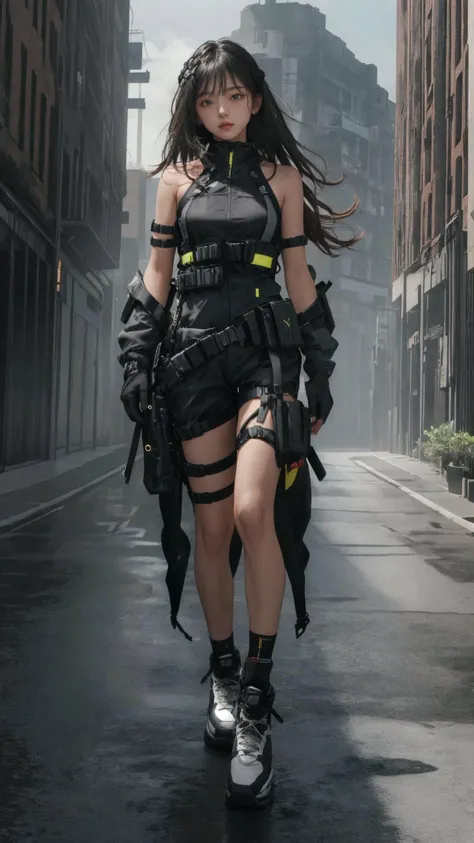 masterpiece, best quality,highres, 1girl, techwear, full body, bare shoulders, <lora:techwear-000005:0.6>ï¼(hair tucking:1.5),