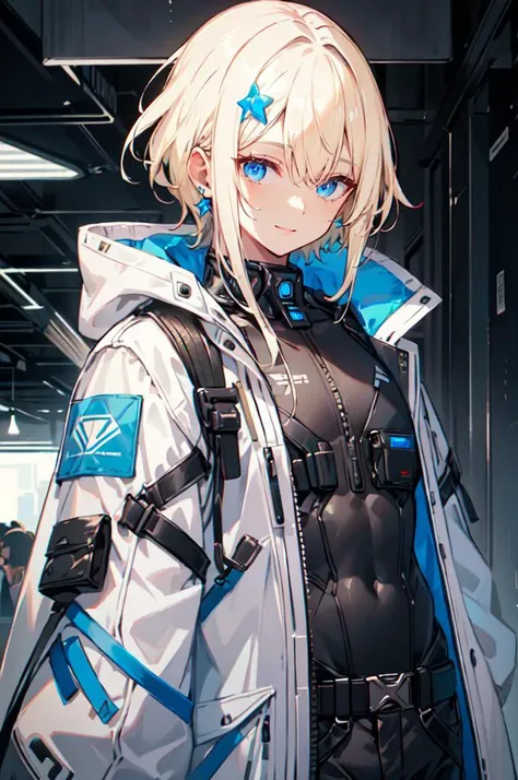 <lora:techwear:0.6> techwear,, ultra detailed, masterpiece, best quality, aesthetic, detailed,, solo, smile, 1boy, blue eyes, medium blonde hair, parted bangs, hair intakes, male focus, muscular male,