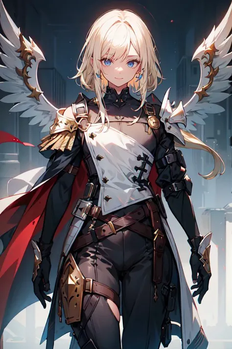 <lora:techwear:0.6> techwear,, ultra detailed, masterpiece, best quality, aesthetic, detailed,, solo, smile, 1boy, blue eyes, medium blonde hair, parted bangs, hair intakes, male focus, muscular male,, armor, pauldrons, cuirass, gauntlets, waist cape, greaves, black bodysuit, surcoat, shoulder sash, wing shoulder armor, cape, pants,