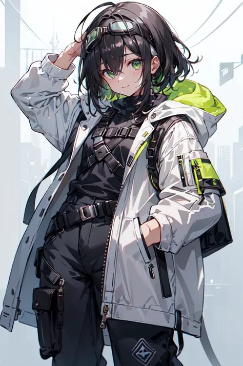 <lora:techwear:0.6> techwear,, ultra detailed, masterpiece, best quality, aesthetic, detailed,, ultra detailed, masterpiece, best quality, solo, smile, 1boy, green eyes, short hair, black hair, bangs, hair between eyes, messy hair, (goggles on head:1.2),, headband, white coat, hooded coat, hood down, open coat, turtleneck, capri pants, pants, black knee boots,