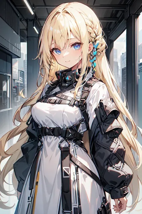 <lora:techwear:0.7> techwear,, ultra detailed, masterpiece, best quality, aesthetic, detailed,, solo, soft smile, light smile,
1girl, blue eyes, very long hair, blonde hair, long blonde hair, french braid, bangs, medium breasts,