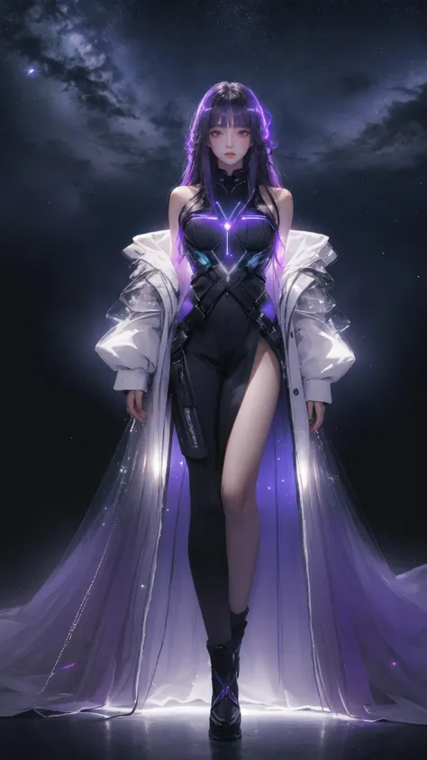 masterpiece, best quality,highres, 1girl, stars in the eyes, purple long hair, Starry sky adorns hair, (((glistening light))), (Luminous), detailed shadow, meteor,fanxing, <lora:fanxing:0.1>,  <lora:techwear-000005:0.8>, techwear, bare shoulders, full body