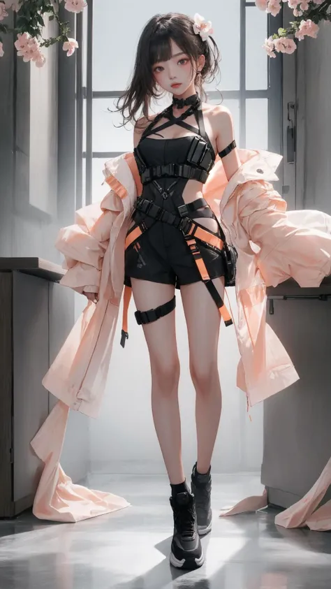 masterpiece, best quality,highres, 1girl, techwear, full body, bare shoulders,  <lora:techwear-000005:0.8>ï¼peach blossom,