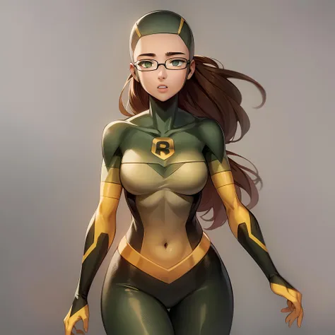 ((masterpiece, best quality)), solo,1girl, brown hair, cowboy shot, green eyes, tight, bodysuit, glasses, Shrinking Rae, <lora:Shrinking_rae1:0.8>
