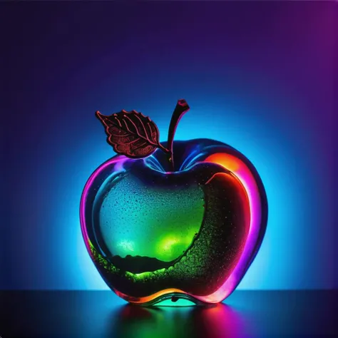 Food photography style,glass apple, bioluminescent,colorfull, glow, fluid, glowing, Appetizing, professional, culinary, high-resolution, commercial, highly detailed,neon hue, full of color,