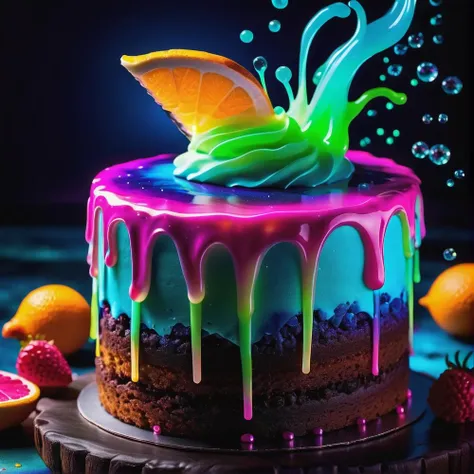 Food photography style, cakes, cocktails, bioluminescent,colorfull, glow, fluid slime glowing, Appetizing, professional, culinary, high-resolution, commercial, highly detailed