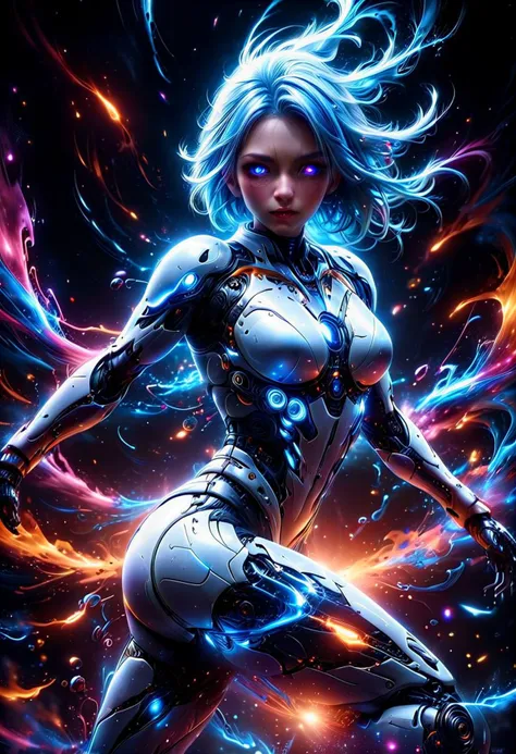 masterpiece, best quality, realistic, 8k, absurdes, intricate, maximum resolution, hyper detailed, extreme detail, (dynamic angle:1.5), a (pale female robot with white cybernetic body parts, glowing eyes, sexy look in her face, blue hair), perfect face, highly detailed face, perfect tits, perfect nipples, athletic body, thick thighs, thigh gap, perfect ass, (sexy action pose:2), (((sexy action pose showing off her cybernetic body parts:1.5))), in a dark cyberpunk city at night, photo realistic, sharp focus, intricate details, great lighting, dark, chiaroscuro, low-key, action shot, dissolve, ral-dissolve,