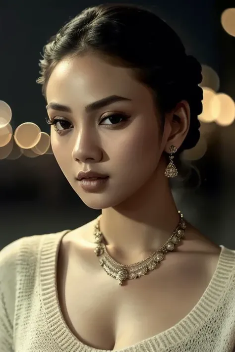 bangkoj_k0malai <lora:bangkoj_k0malai:1>, photo of a beautiful woman, closeup portrait, hair updo, lipstick, sideface, necklace, sweater, dark moody ambience, petite, (masterpiece:1.2) (photorealistic:1.2) (bokeh) (best quality) (detailed skin:1.2) (intricate details) (nighttime) (8k) (HDR) (cinematic lighting) (sharp focus), (closeup portrait:1.1), (short hair)