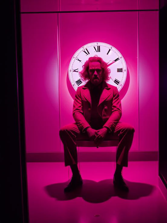 GIALLOSTYLE, (biggest qualiity, masterpiece, absurdres) ((a man sitting)) in a dark room with a clock in the background and a dark room with a mirror