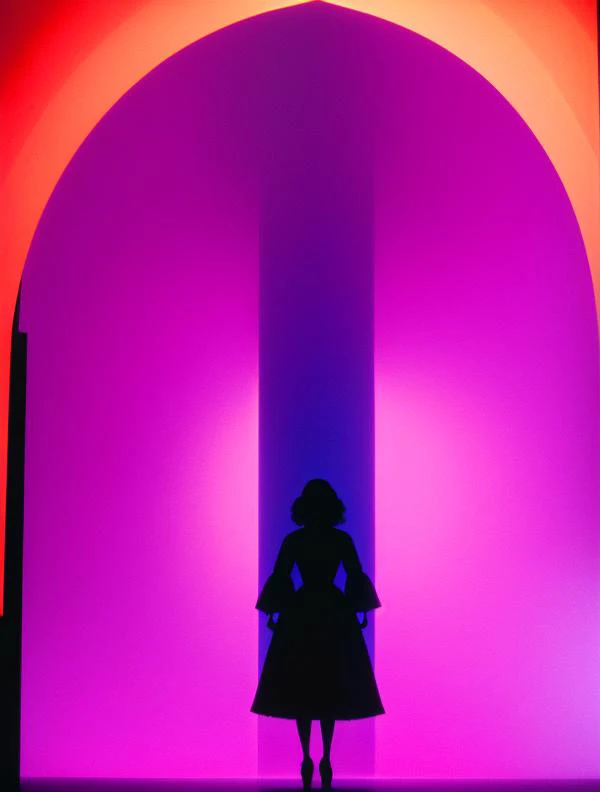 GIALLOSTYLE, (biggest qualiity, masterpiece, absurdres) BARBARABOUCHET in a dress standing in a room with a bed and a curtain behind her and a purple light behind her, 4k, 8k