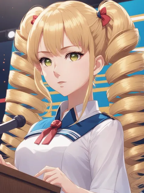 anime artwork beautiful woman, solo, twintails, medium hair, academy uniform, blonde hair, podium, giving speech <lora:xl_mega_twin_drills-1.0:0.8> . anime style, key visual, vibrant, studio anime, highly detailed