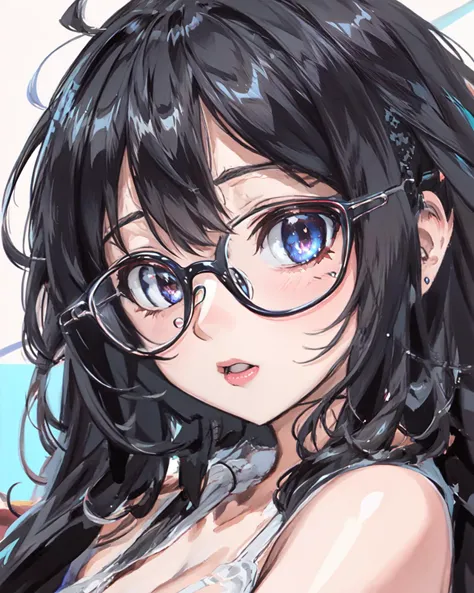 masterpiece,highest quality,wonderful,finely,High resolution,(1 girl, big breasts, black hair, Glasses, green eyes,twin tails), (Light blue striped micro bikini:1.4), (sweat:1.1), (get down on all fours), black stockings, (constriction )