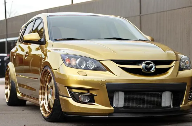 beautiful raw hd photograph, golden paint, mazdaspeed3 painted gold, chrome bbs wheels, beautiful high quality image, front side view of hatchback car, parked in futuristic garage, wide body kit aggressive front lip
<lora:3Mazdaspeed3:0.85> mzr