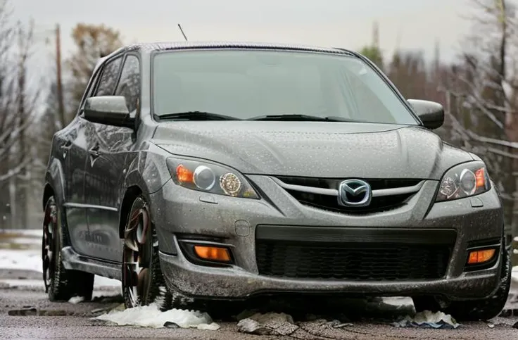 beautiful raw hd photograph, silver mazdaspeed3, driving through snowy muddy russian streets <lora:3Mazdaspeed3:0.956> mzr