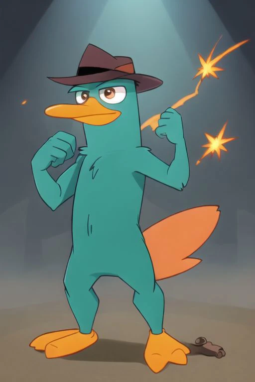 solo, Perry the Platypus, chest tuft, monotreme, male, smile, fedora hat, wristwatch, (orange tail, platypus tail, beaver tail:1.1), duck bill, beak, webbed feet, broad shoulders, bipedal, anthro, high detail, explosion, starburst, shading, backlighting, perfect hands