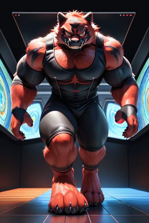 Hyperreal furry 3d art, hypnotised barefoot incineroar, big eyes, very fluffy, anthro, brawny, male, ninja suit, nice feet paws, placed in mind-control brainwasing device (looking like MRI machine), hypnotised by brainwashing machine, hightech device reprograming his brainwaves, forced obediance, focus on feet paws, Realistic, Photorealistic, (masterpiece:1.5), concept art, intricate details, highly detailed, sharped image, photorealistic, octane render, 8k, best quality, highres, (realistic face:1.1), (hyperrealistic:1.1), ((full_body)), perfect eyes, (((perfect hands))),((dynamic background)), (wide dynamic range, dynamic angles and pose:1.2) correct anatomy