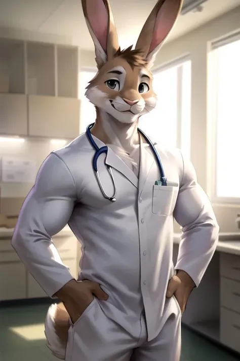 male, by chunie, by s1m, by dacad, solo, (rabbit), cute, playful, head turned, loving expression, medical scrubs, photo real, dramatic lighting, extremely detailed, CG, 8k wallpaper, highest quality, hospital, looking directly at viewer, relaxed pose, anthro, adult, muscular, cartoon, viewer pov, standing, hands on hips, hold clipboard