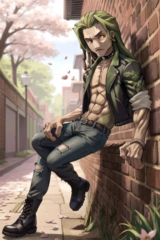 tsundere, handsome, solo, male, groot, brown skin, GrootAlpha, amber eyes, noseless, long hair, (green hair:1.2), dreadlocks, flower braids, skinny, masculine, forearm tattoo, DelinquentT, choker, mesh, bully, leaning, brick wall, schoolyard, younger, masterpiece, detailed background, no humans, outdoors, springtime, cherry blossoms, leafy, mossy, GothicC, ripped jeans, midriff, belt, fingerless gloves, jacket, boots, flower petals, shade