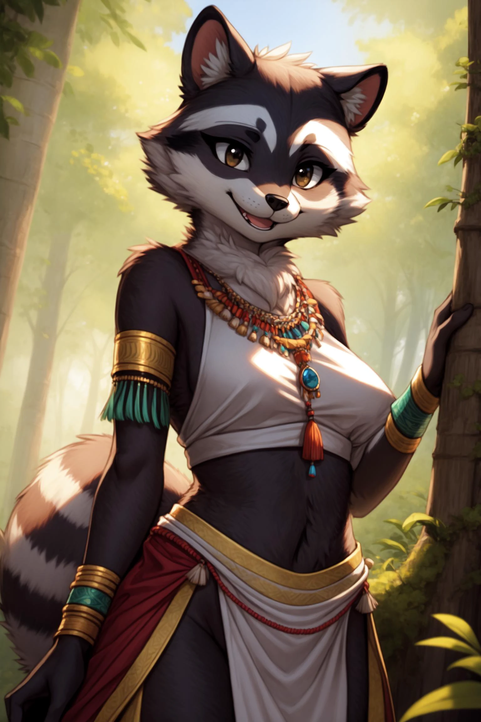 <lora:[Det] Detail Tweaker (58390):0.3>, <lora:[Det] Hair Detailer (81328):0.2>, raccoon, anthro, furry, female, feminine, fur, detailed fur
masterpiece, best quality, digital art, (realistic:0.3), cartoon, detailed lines, high resolution, visually stunning
(detailed lighting, depth of field:0.9), detailed color, vivid color
<lora:[FixLyc] EnvyBetterHands (47085):1>, perfect hands, detailed hands
(beautiful, cute, fluffy:1.2), detailed body, perfect breasts, 1girl, solo, smile
<lora:[Det] Labiaplasty (Innie Pussy Adjuster) (112299):0.8>, vagina
outdoors, nature, tribal accessories, tribal clothes