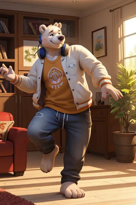 Hyperrealistic furry 3d art, male focus, brawny ice bear (white fur), 4 toes, shirt (roct theme), jacket, pants, barefoot, blush, smile, headphones, pose, living room (modern design, plant), listening rock music, dancing as crazy, Photorealistic, (masterpiece:1.5), concept art, intricate details, highly detailed, photorealistic, octane render, 8k, unreal engine, dynamic pose, best quality, highres, (realistic face:1.1), (hyperrealistic:1.1), ((full_body)), perfect eyes, (((perfect hands))),((dynamic background)), low light