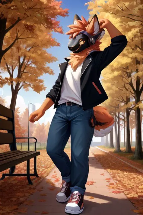 protogen, protogen visor, looking at viewer, male, hi res, near viewer, colored fur, close to screen, (cute anatomy:1.1), octane render, soft lighting, (best quality:1.2), visible hands, forest, standing, forest background, brick buildings, buildings, wooden buildings, sidewalk, bench, solo, animal feet, protogen visor, visor, close to viewer, cute, single, sfw, feet near screen, two legs, two arms, two feet, two hands, colored skin, fur, tall, normal hands, leg to head view, clothing, shirt, pants, detailed character, fully clothed, fluffy tail, tail, fluffy, normal legs, normal feet, close to the viewer, shoes, suprise me, autumn, fall (season), grass, sun, trees, tree, regular tree, leaf piles, thick clothing, jacket, hands out of pockets, pointing, low detailed background, hand, hands, random pose, protogen face, focus on character, happy, tshirt, jeans, highly detailed character, high detailed protogen, random expression, very cute, tall height, regular hands, regular arms, detailed face, normal face,