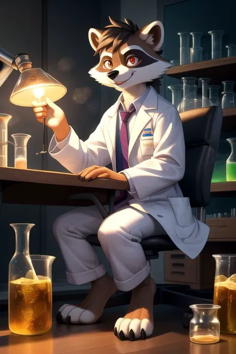 Barefoot furry character, full body, solo, furry male, vivid colors, cinematic.
Curious beefy raccoon teacher wearing a lab coat and safety goggles. This raccoon represents the evil embodiment of science as a school subject, depicting stereotypes and prejudices towards chemistry and physics teachers. Evil smile, red iris of eyes, side part hair style (longer black hair). He is surrounded by bubbling beakers and test tubes, Lab settings, background should include periodic tables, microscope slides, and model skeletons. Nice big feet paws.
BREAK, detailed background, 8K, (masterpiece:1.5), intricate details, highly detailed, extreme detail, octane render, Professional Photography, fine art, best quality, highres, (detailed face:1.5), ((full_body)), UHD, (((perfect hands))), low ligth:1.2