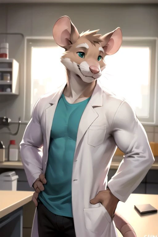 male, by chunie, by s1m, by dacad, solo, (rat), cute, playful, head turned, loving expression, lab coat, photo real, dramatic lighting, extremely detailed, CG, 8k wallpaper, highest quality, laboratory, looking directly at viewer, relaxed pose, anthro, adult, muscular, cartoon, viewer pov, standing, hands on hip, big nose, teal t-shirt,