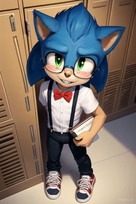 (nerdy, dork, nerd:1.5), masterpiece, best quality, best quality, anthro, (buckteeth:1.4), braces, sonic_the_hedgehog, sonic the hedgehog, green eyes, blue fur, nervous smile, (freckles:1.2), acne, blush, skinny, petite, tiny waist, submissive, aged down, short sleeves, suspenders, bowtie, high-waisted pants, holding book, shy, (nerdy glasses:1.1), oversized sneakers, inside, school, hallway, lockers, detailed face, detailed eyes, short, tail, masterpiece, extreme detail, chibi, bulge, high-angle view, looking up