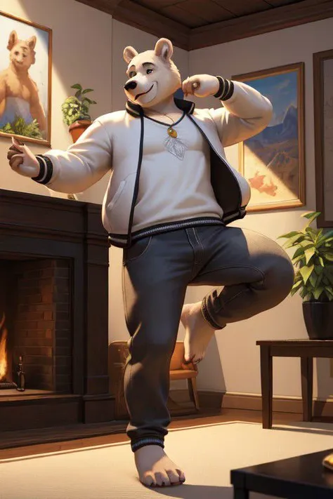 Hyperrealistic furry 3d art, male focus, brawny ice bear (white fur), 4 toes, shirt (roct theme), jacket, pants, barefoot, smile, headphones on ears, pose, living room (modern design, plant), listening rock music, dancing as crazy, Photorealistic, (masterpiece:1.5), concept art, intricate details, highly detailed, photorealistic, octane render, 8k, unreal engine, dynamic pose, best quality, highres, (realistic face:1.1), (hyperrealistic:1.1), ((full_body)), perfect eyes, (((perfect hands))),((dynamic background)), low light