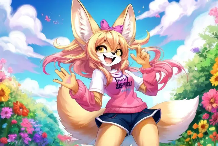 Energetic fennec fox girl, colourful, happy, cute, digital art, fun clothes