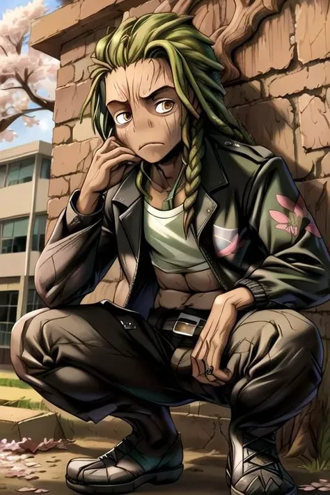 tsundere, handsome, solo, male, front view, (groot:0.9), brown skin, GrootAlpha, amber eyes, noseless, long hair, (green hair:1.2), dreadlocks, flower braids, skinny, masculine, bad boy, squatting, DelinquentT, goth, bully, pouting, blush, wall, schoolyard, masterpiece, detailed background, no humans, outdoors, building, springtime, cherry blossoms, leafy, mossy, pastel, school uniform, undersized clothes, midriff, belt, chain, jacket, hunched over, papers, schoolwork, flower petals, sunny