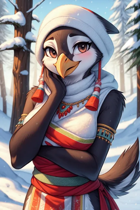 <lora:[Det] Detail Tweaker (58390):0.3>, <lora:[Det] Hair Detailer (81328):0.2>, penguin, avian, anthro, furry, female, feminine, fur, detailed fur
<lora:[CharF] Species - Anthro Birds (9620):0.6> Anthro, Bird, beak
masterpiece, best quality, digital art, (realistic:0.3), cartoon, detailed lines, high resolution, visually stunning
(detailed lighting, depth of field:0.9), detailed color, vivid color
<lora:[FixLyc] EnvyBetterHands (47085):1>, perfect hands, detailed hands
(beautiful, cute, fluffy:1.2), detailed body, perfect breasts, 1girl, solo, smile
<lora:[Det] Labiaplasty (Innie Pussy Adjuster) (112299):0.8>
outdoors, snow, nature, tribal accessories, tribal clothes