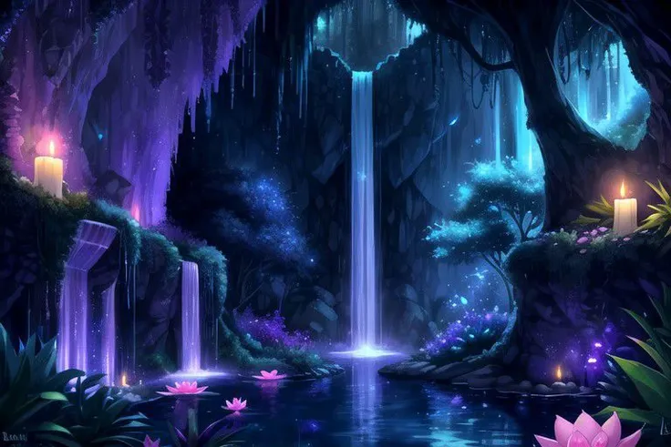 *Tall jungle waterfall background*
*Luni and Luna* *Pink, Blue, Violet, Indigo* *Aloe and Lotus*
*Druid Ruins* *Night* *Fireflies* *Candlelight*
*Glowing cave entrance*