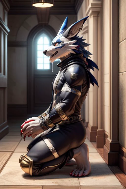 (((Barefoot furry character, full body, cinematic setting, furry male)))
Barefoot (hypnotised) WereGarurumon wears ((black ninja suit)), get down on one knee as if praying, detailed paws with claws, blue fur, in a trance, a look of weak resistance to hypnosis on his face, hand on head as if he has headache, (drooling), ((red glow in his eyes)), side view
BREAK, detailed background, 8K, (masterpiece:1.5), intricate details, highly detailed, extreme detail, octane render, tritone image, fine art, best quality, highres, (detailed face:1.5), ((full_body)), UHD, (((perfect hands)))