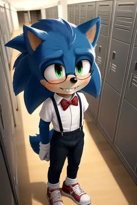 (nerdy, dork, nerd:1.3), masterpiece, best quality, best quality, anthro, (buckteeth:1.5), braces, sonic_the_hedgehog, sonic the hedgehog, green eyes, blue fur, nervous smile, (freckles:1.2), acne, blush, skinny, petite, tiny waist, submissive, aged down, short sleeves, suspenders, bowtie, high-waisted pants, holding book, shy, (nerdy glasses:1.1), oversized sneakers, inside, school, hallway, lockers, detailed face, detailed eyes, short, tail, masterpiece, extreme detail, chibi, bulge, high-angle view, looking up