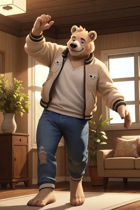 Hyperrealistic furry 3d art, male focus, brawny ice bear (white fur), 4 toes, shirt (roct theme), jacket, pants, barefoot, blush, smile, headphones, pose, living room (modern design, plant), listening rock music, dancing as crazy, Photorealistic, (masterpiece:1.5), concept art, intricate details, highly detailed, photorealistic, octane render, 8k, unreal engine, dynamic pose, best quality, highres, (realistic face:1.1), (hyperrealistic:1.1), ((full_body)), perfect eyes, (((perfect hands))),((dynamic background)), low light