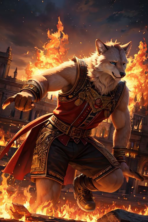 A man in a red shirt and black shorts is running through a fire - SeaArt AI
