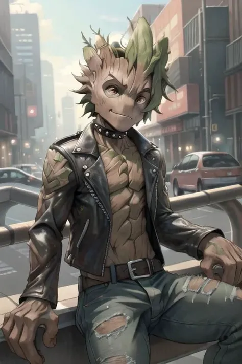solo, male, GrootAlpha, (groot:0.9), brown bark skin, amber eyes, noseless, leafy, (green hair:1.2), hair over eye, emo hair, one eye covered, FreakShow, punk, studded leather jacket, ripped jeans, choker, belt, masterpiece, extreme detail, cool, sleepy eyes, smirk, sitting, railing, cool, skinny, alien, no humans, overpass, cyberpunk, science fiction, city street, cute, aged down, flower, rose, heartthrob, pretty boy, boyband