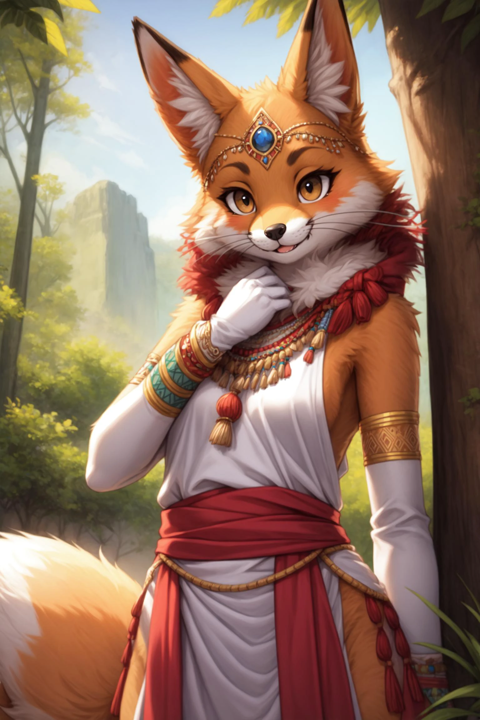 <lora:[Det] Detail Tweaker (58390):0.3>, <lora:[Det] Hair Detailer (81328):0.2>, fox, anthro, furry, female, feminine, fur, detailed fur, whiskers
masterpiece, best quality, digital art, (realistic:0.3), cartoon, detailed lines, high resolution, visually stunning
(detailed lighting, depth of field:0.9), detailed color, vivid color
<lora:[FixLyc] EnvyBetterHands (47085):1>, perfect hands, detailed hands
(beautiful, cute, fluffy:1.2), detailed body, perfect breasts, 1girl, solo, smile
<lora:[Det] Labiaplasty (Innie Pussy Adjuster) (112299):0.8>
outdoors, nature, tribal accessories, tribal clothes