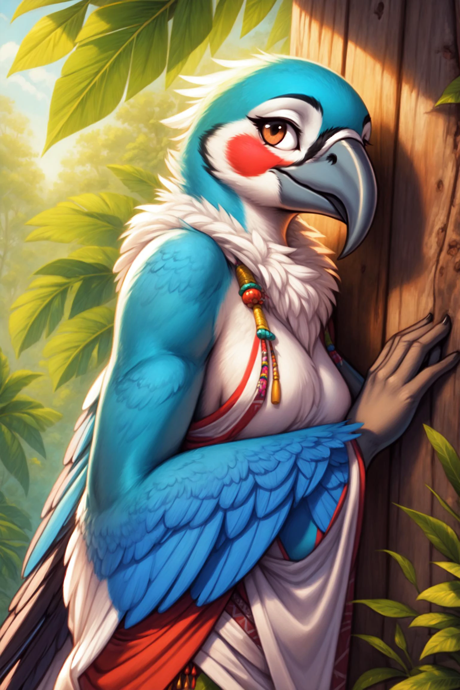 <lora:[Det] Detail Tweaker (58390):0.3>, <lora:[Det] Hair Detailer (81328):0.2>, macaw, avian, anthro, furry, female, feminine, fur, detailed fur
<lora:[CharF] Species - Anthro Birds (9620):0.6> Anthro, bird, beak, winged-arms
masterpiece, best quality, digital art, (realistic:0.3), cartoon, detailed lines, high resolution, visually stunning
(detailed lighting, depth of field:0.9), detailed color, vivid color
<lora:[FixLyc] EnvyBetterHands (47085):1>, perfect hands, detailed hands
(beautiful, cute, fluffy:1.2), detailed body, perfect breasts, 1girl, solo, smile
<lora:[Det] Labiaplasty (Innie Pussy Adjuster) (112299):0.8>
outdoors, nature, tribal accessories, tribal clothes