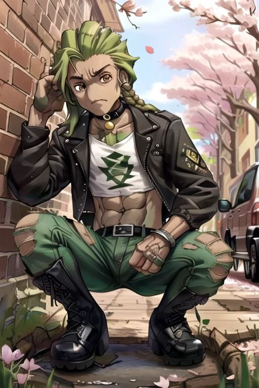tsundere, handsome, solo, male, groot, brown skin, GrootAlpha, amber eyes, noseless, long hair, (green hair:1.2), dreadlocks, flower braids, skinny, masculine, forearm tattoo, bad boy, squatting, DelinquentT, choker, mesh, bully, brick wall, schoolyard, younger, cute, masterpiece, detailed background, no humans, outdoors, springtime, cherry blossoms, leafy, mossy, GothicC, ripped jeans, midriff, belt, fingerless gloves, jacket, boots, flower petals, shade