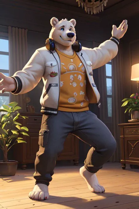 Hyperrealistic furry 3d art, male focus, brawny ice bear (white fur), 4 toes, shirt (roct theme), jacket, pants, barefoot, smile, headphones on ears, pose, living room (modern design, plant), listening rock music, dancing as crazy, Photorealistic, (masterpiece:1.5), concept art, intricate details, highly detailed, photorealistic, octane render, 8k, unreal engine, dynamic pose, best quality, highres, (realistic face:1.1), (hyperrealistic:1.1), ((full_body)), perfect eyes, (((perfect hands))),((dynamic background)), low light