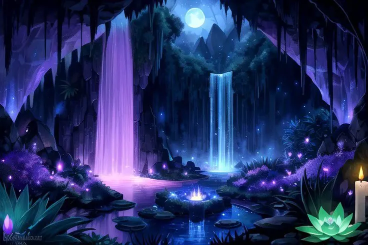 *Tall jungle waterfall background*
*Luni and Luna* *Pink, Blue, Violet, Indigo* *Aloe and Lotus*
*Druid Ruins* *Night* *Fireflies* *Candlelight*
*Glowing cave entrance*
