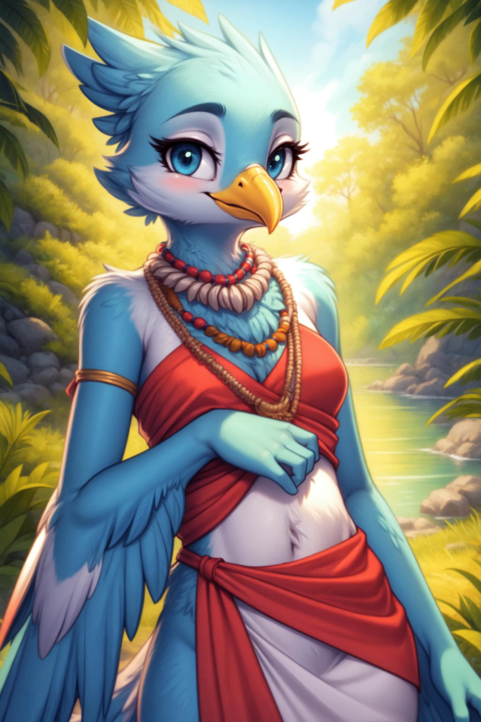 <lora:[Det] Detail Tweaker (58390):0.3>, <lora:[Det] Hair Detailer (81328):0.2>, Tweetfur, avian, anthro, furry, female, feminine, fur, detailed fur
<lora:[CharF] Species - Anthro Birds (9620):0.6> Anthro, bird, beak, winged-arms
masterpiece, best quality, digital art, (realistic:0.3), cartoon, detailed lines, high resolution, visually stunning
(detailed lighting, depth of field:0.9), detailed color, vivid color
<lora:[FixLyc] EnvyBetterHands (47085):1>, perfect hands, detailed hands
(beautiful, cute, fluffy:1.2), detailed body, perfect breasts, 1girl, solo, smile
<lora:[Det] Labiaplasty (Innie Pussy Adjuster) (112299):0.8>, navel
outdoors, nature, tribal accessories, tribal clothes